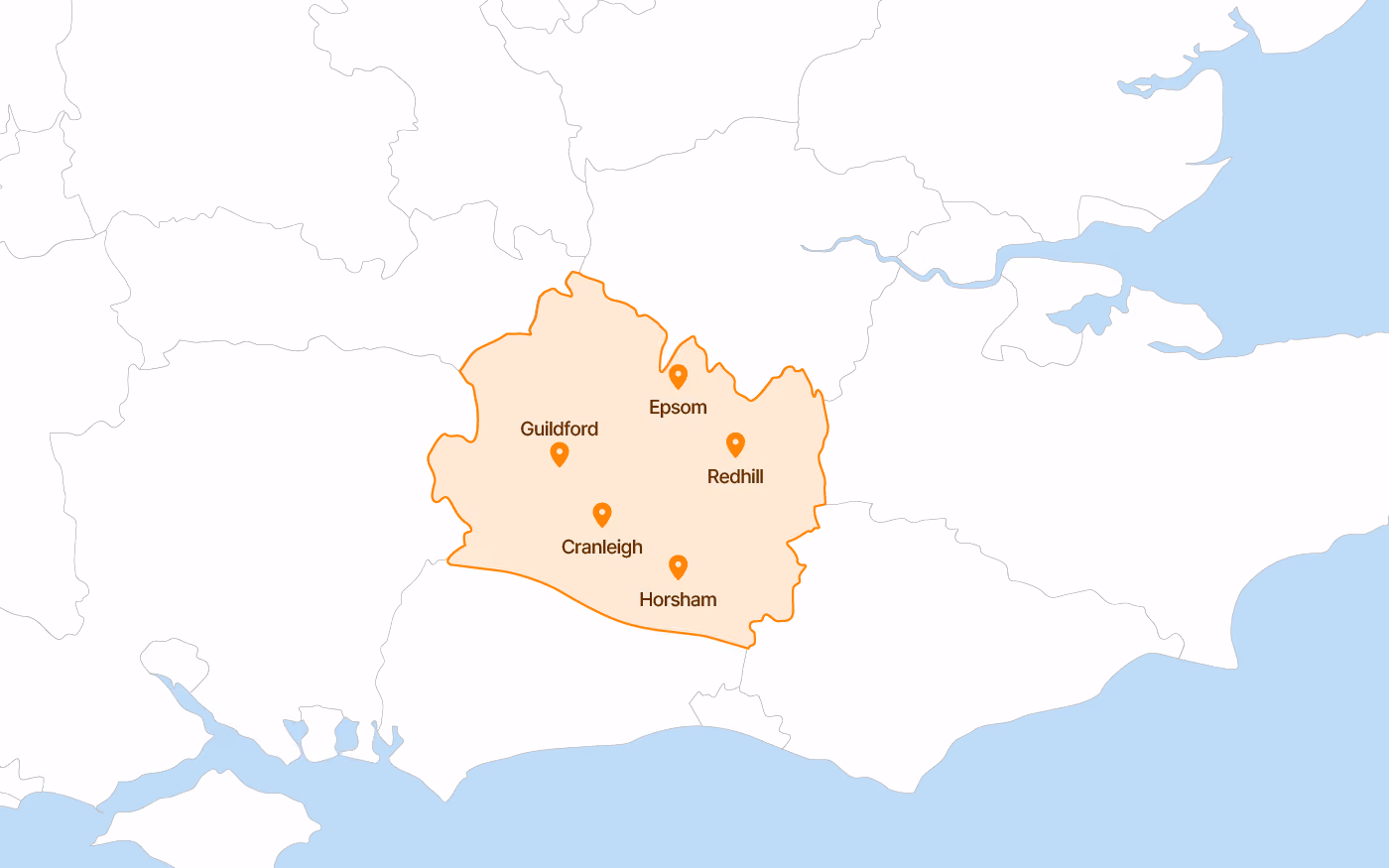 Map highlighting a specific area in orange with cities like Guildford, Epsom, Redhill, Cranleigh, and Horsham marked.