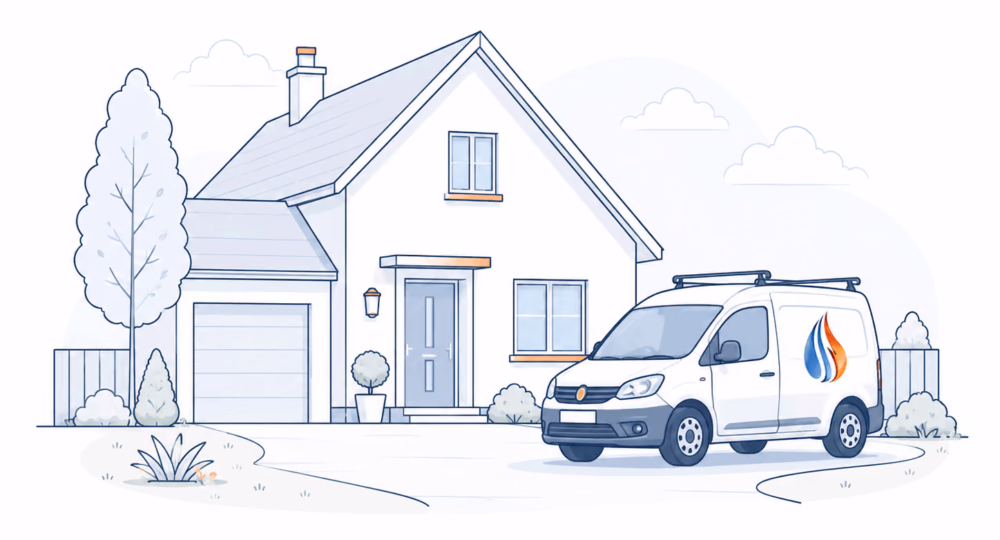 A service van with a flame logo is parked in front of a house.