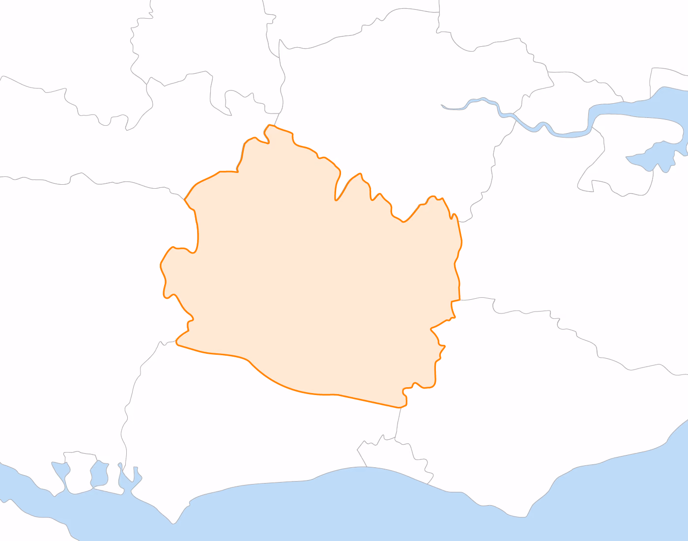Map showing highlighted area within West Sussex, United Kingdom, bordered in orange lines.
