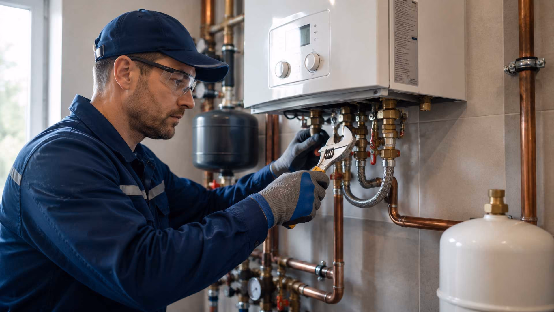 Technician in blue uniform adjusting water heater system with wrench and tools