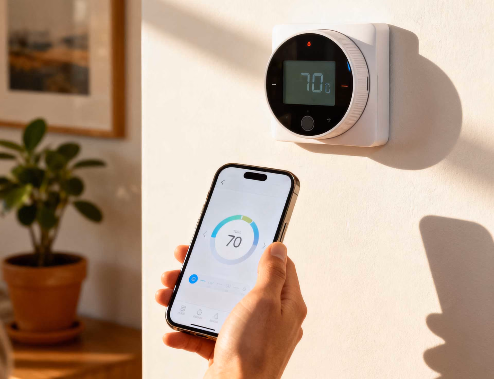 Hand holding smartphone displaying thermostat app showing 70 degrees, wall-mounted smart thermostat above showing 70