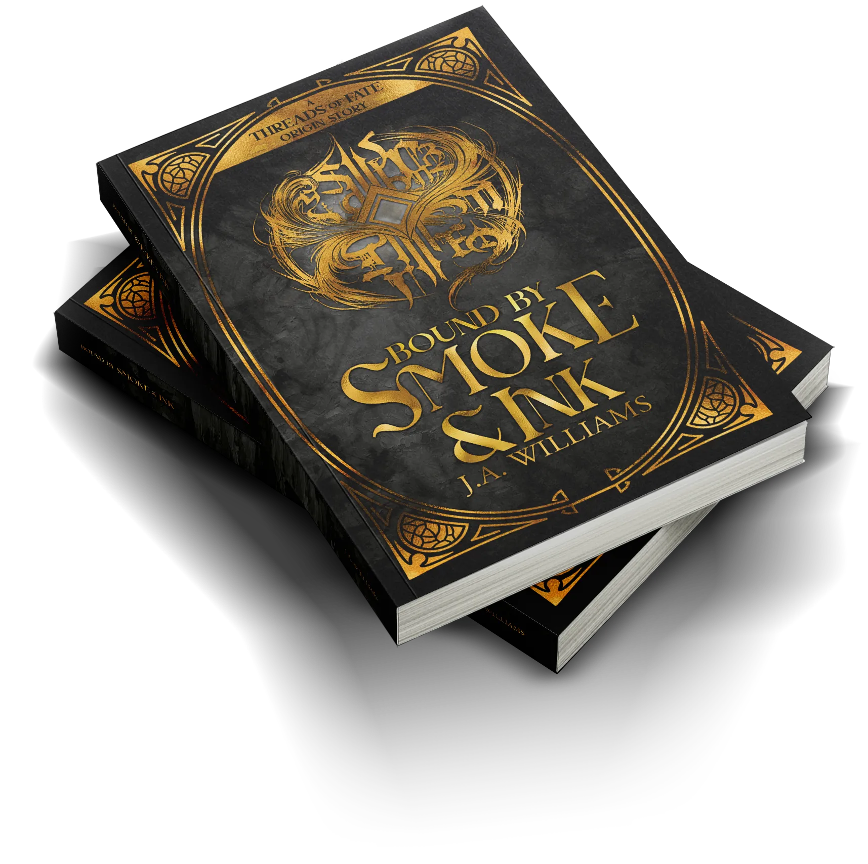 Two stacked paperback copies of the Threads of Fate novella Bound by Smoke & Ink by J.A. Williams