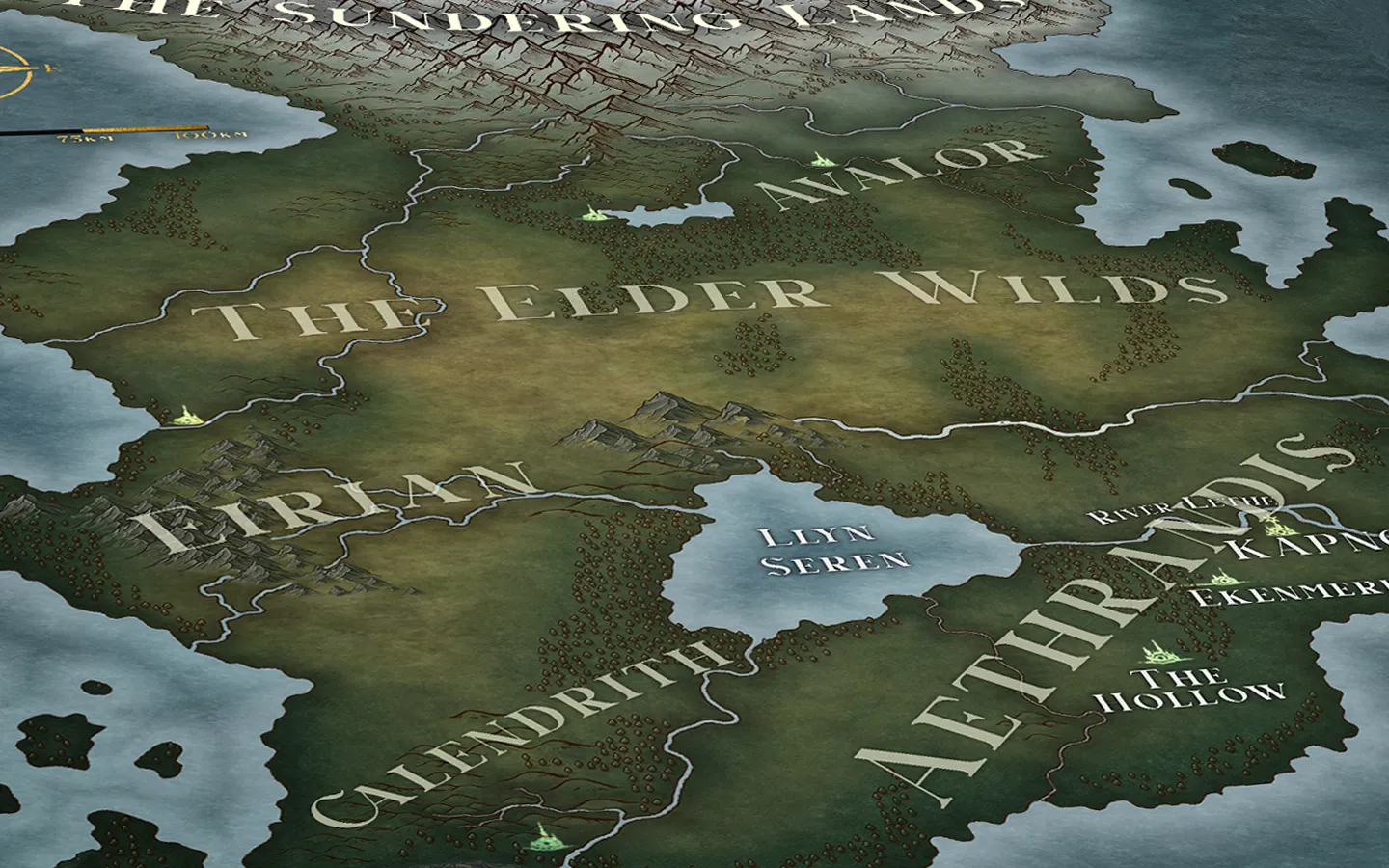 Illustrated map of Tir Elar showing the realms of Aethrandis, Calendrith, Eirian and Avalor alongside the Elder Wilds and the Sundering Lands