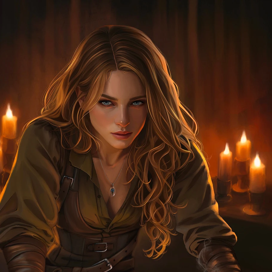 Character art of an auburn-haired woman in a worn leather-strapped tunic lit by candlelight