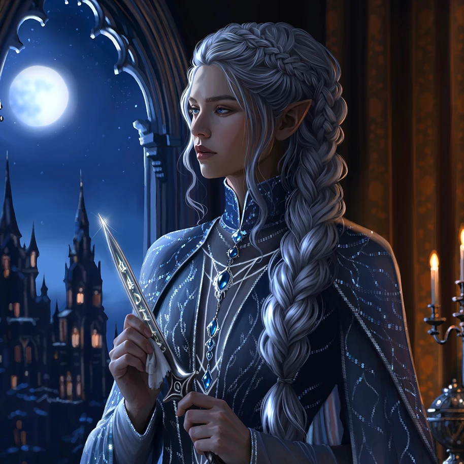 Character art of a silver-haired elven woman in star-flecked robes holding a dagger at a moonlit window