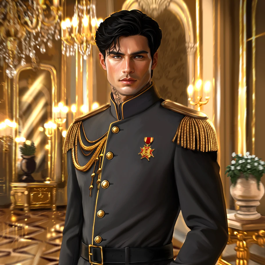 Character art of a dark-haired Imperial officer in a black and gold uniform standing in a gilded ballroom