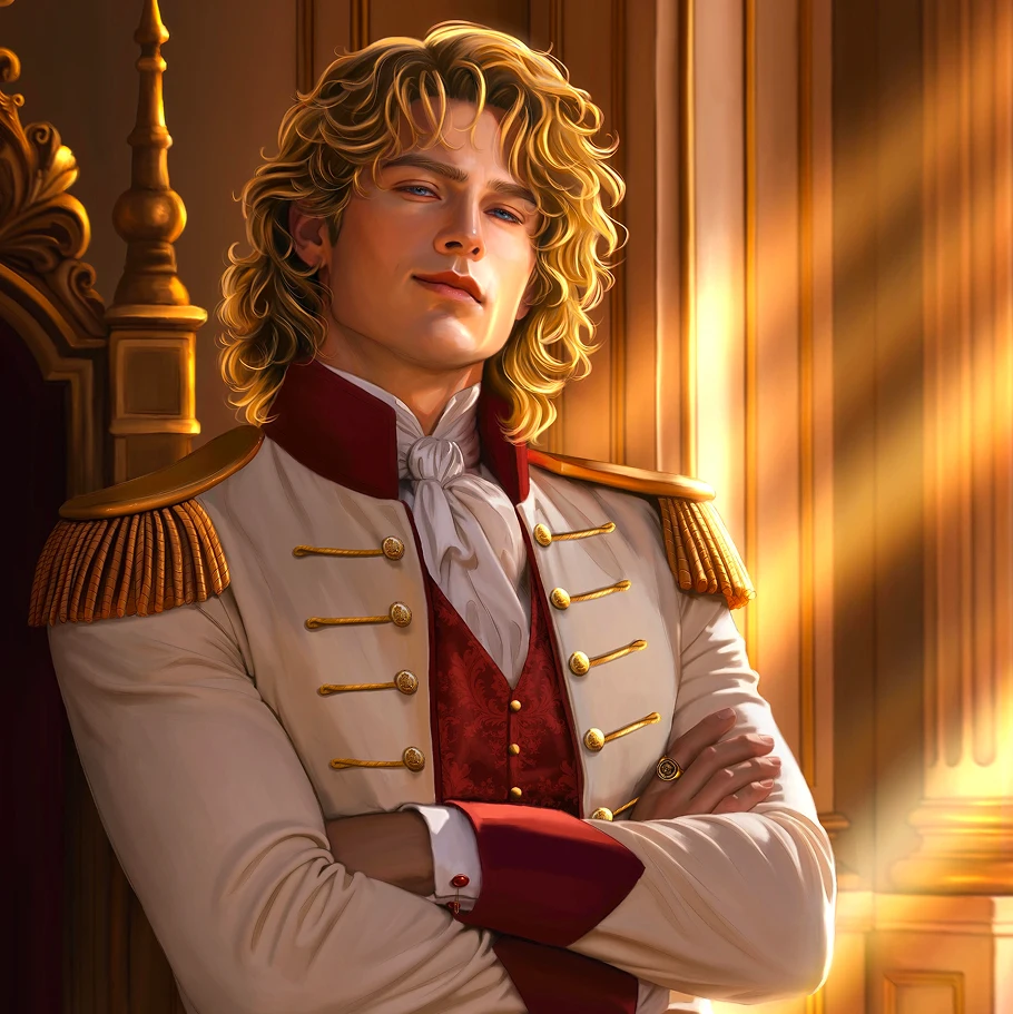 Character art of a fair-haired nobleman in a white and red military coat with gold epaulettes, standing in a sunlit palace hall