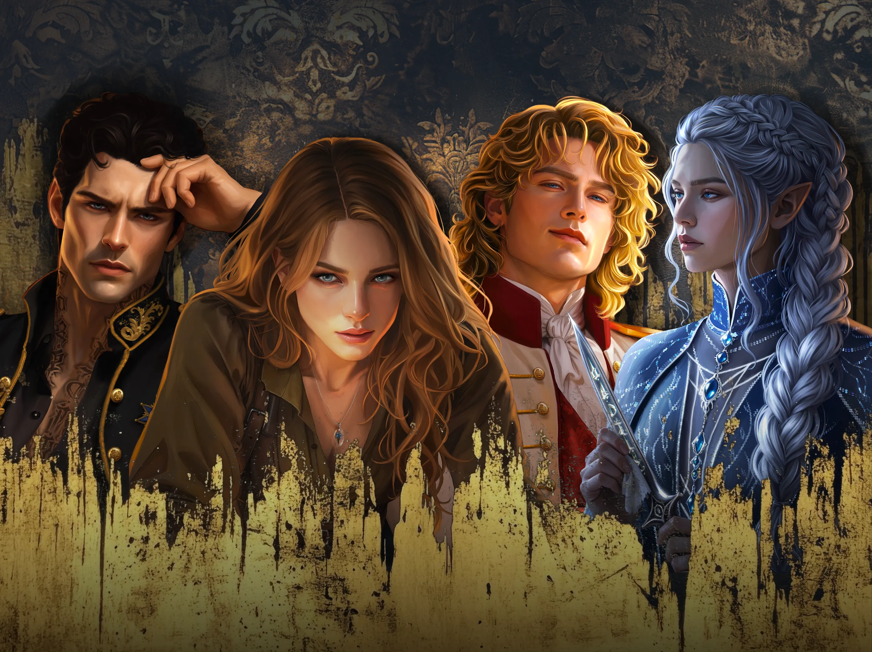 Four principal characters of the Threads of Fate series shown side by side in painted portrait art