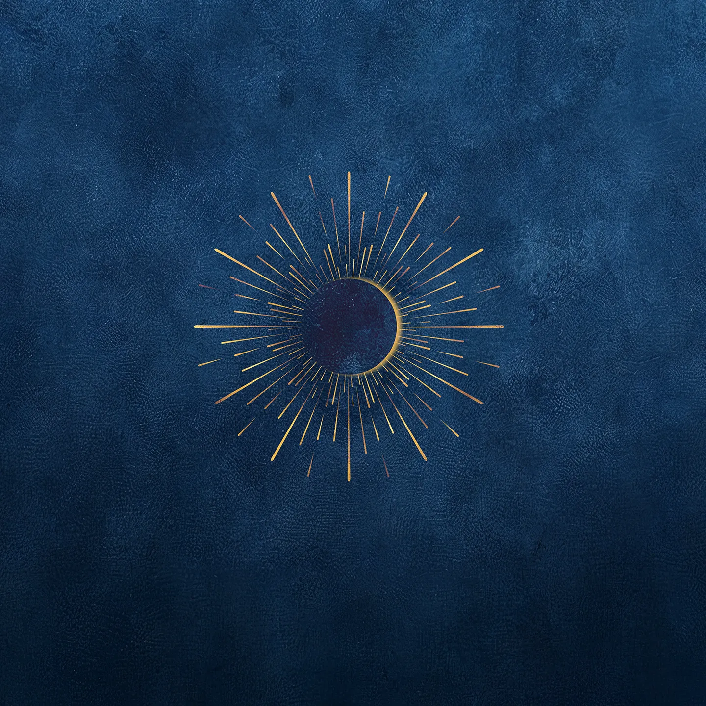 Gold Threads of Fate lore symbol of an eclipsed sun with radiating rays on a deep blue background