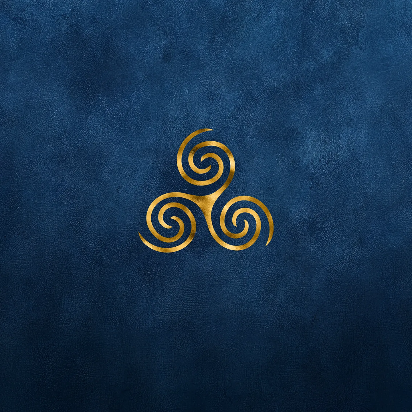 Gold Threads of Fate lore symbol of a triple spiral triskelion on a deep blue background