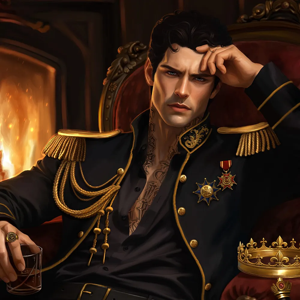 Character art of Evander Valcour from Threads of Fate, a dark-haired commander in a black and gold uniform seated beside a fire with a crown at his side