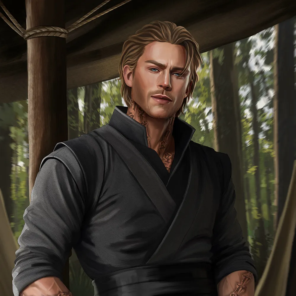 Character art of Riven from Threads of Fate, a fair-haired man in dark robes with tattooed skin, standing in a forest encampment