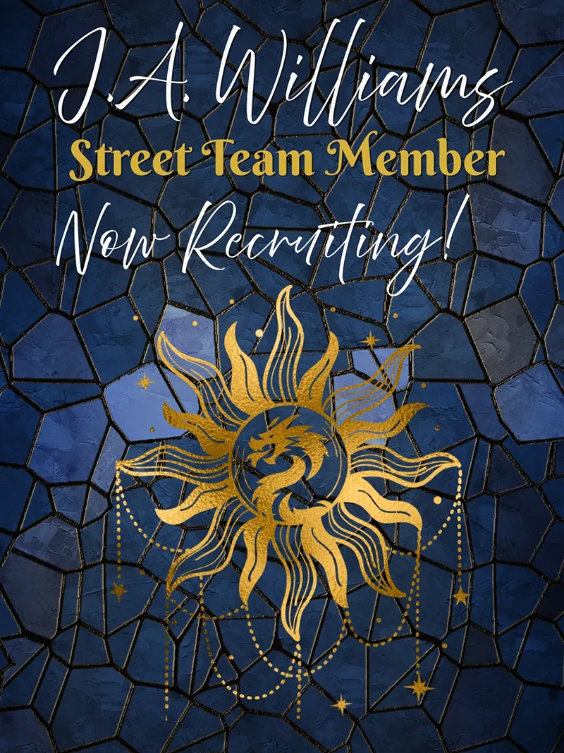 J.A. Williams Street Team Member, now recruiting. Gold sun and dragon emblem on blue stained glass.