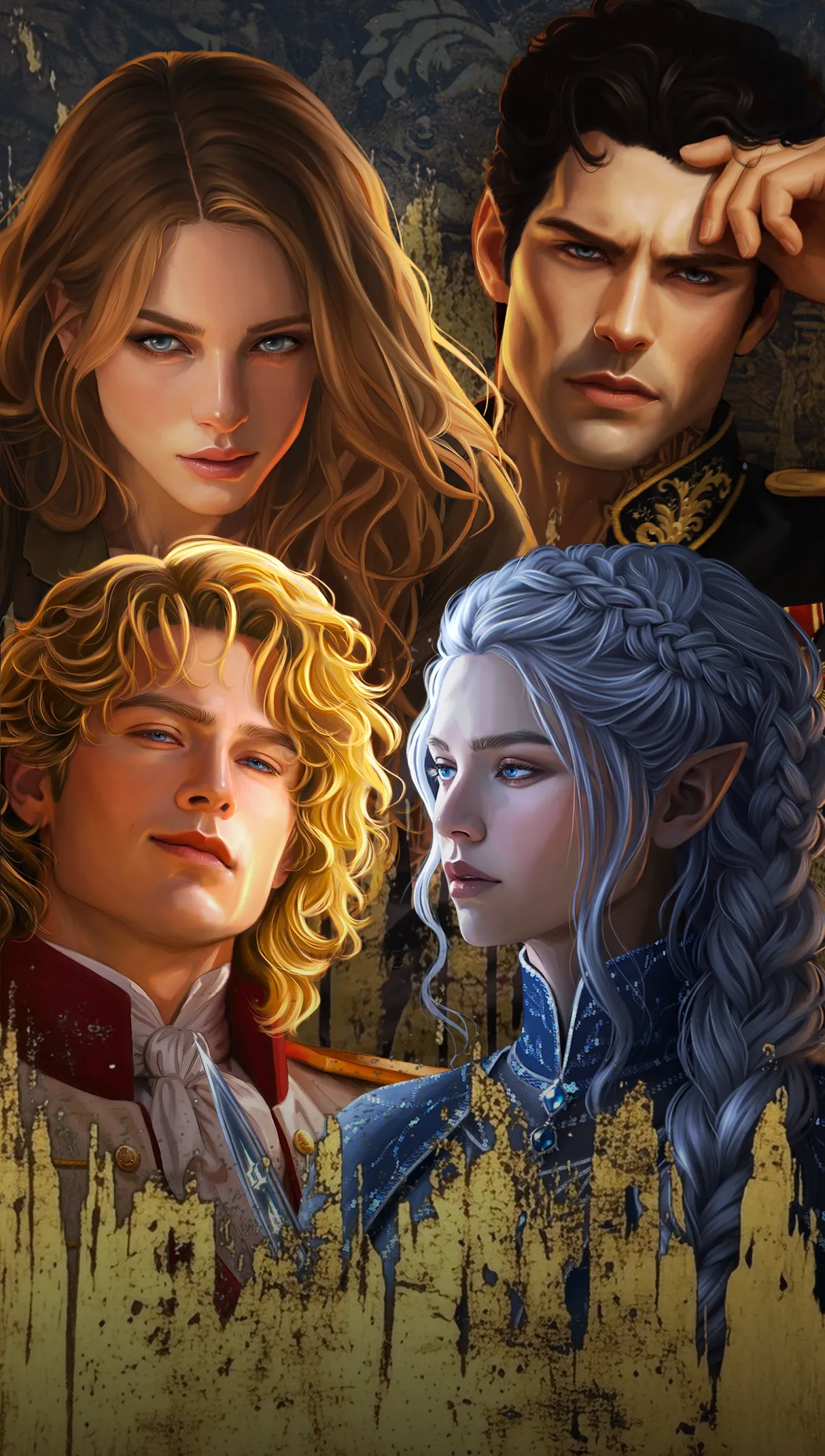 Four principal characters of the Threads of Fate series shown in painted portrait art