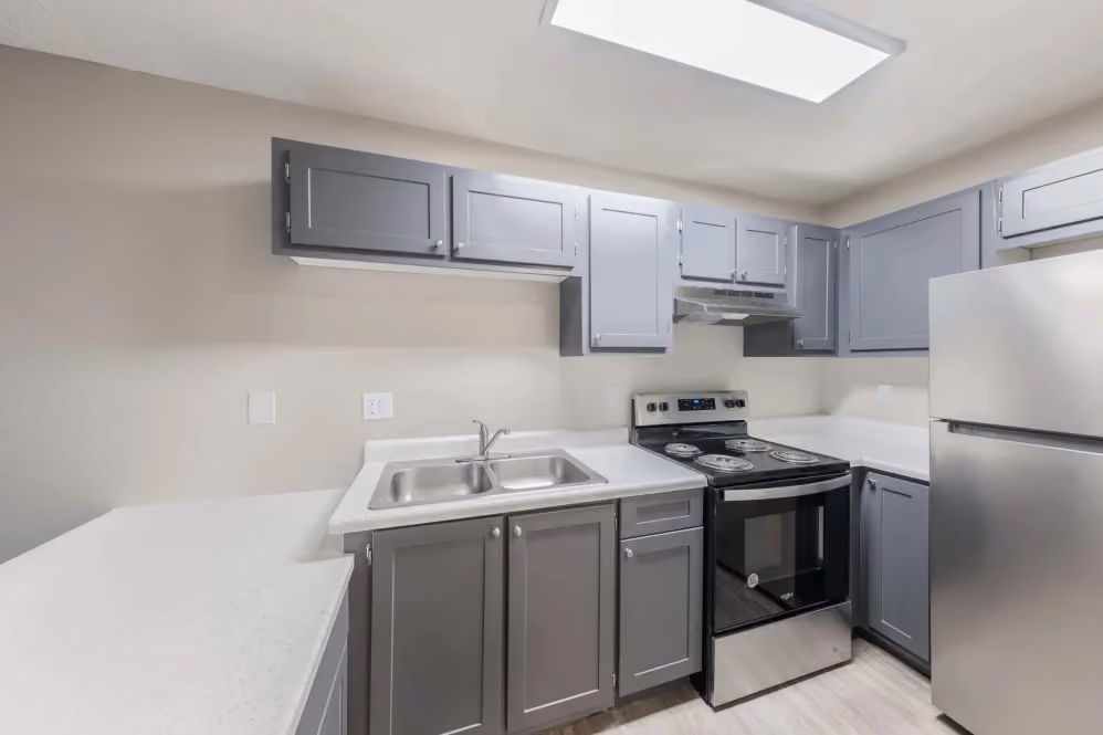 Kitchen with gray cabinets