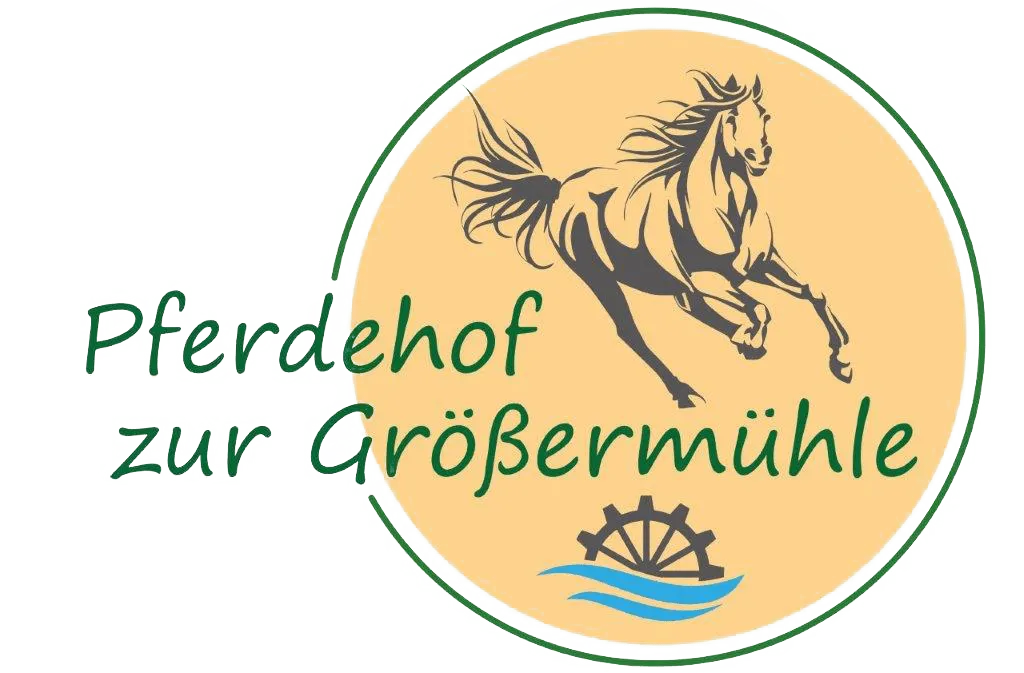 Logo with a galloping horse above a waterwheel and waves inside a round tan background.