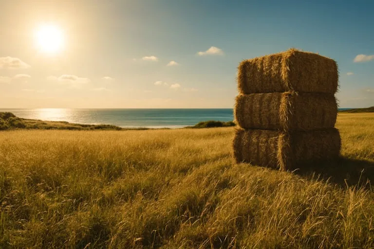 Golden hay bales stacked in a sunlit field by the ocean under a clear sky.