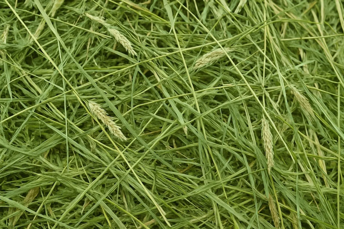Close-up of green grass blades with seed heads scattered throughout.