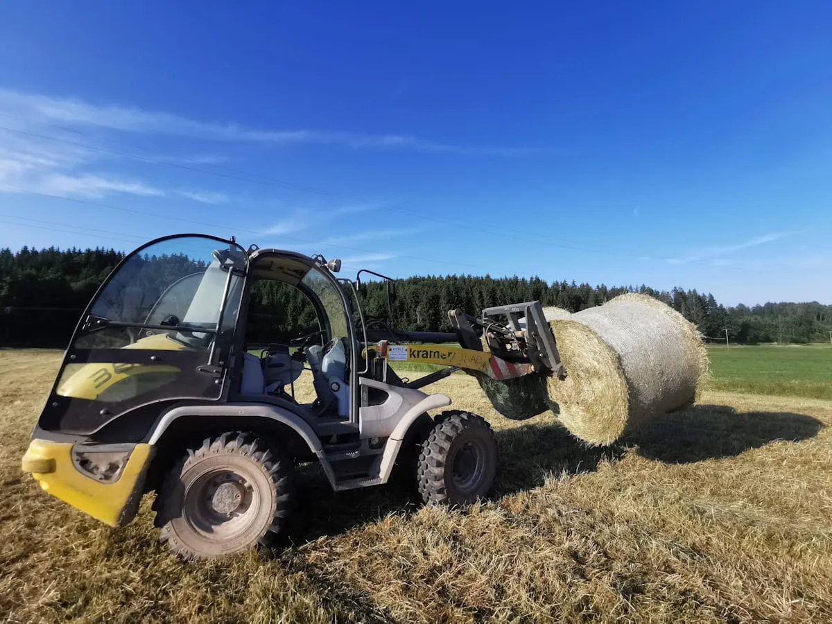 Yellow loader vehicle lifting a large round hay bale in a sunlit field with forest in background.