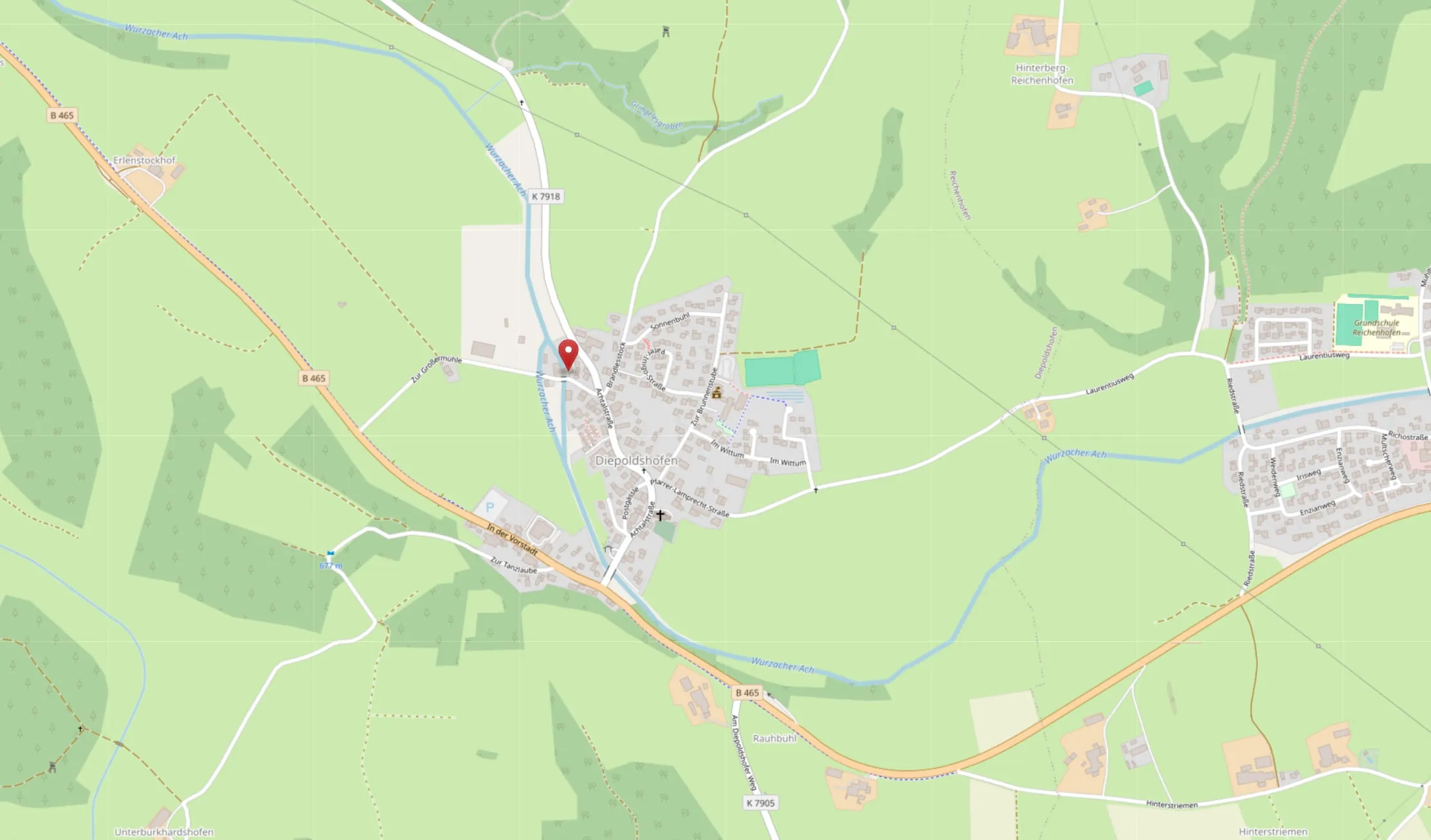 Map showing the town of Diepoldshofen with roads, trails, water bodies, and nearby areas.