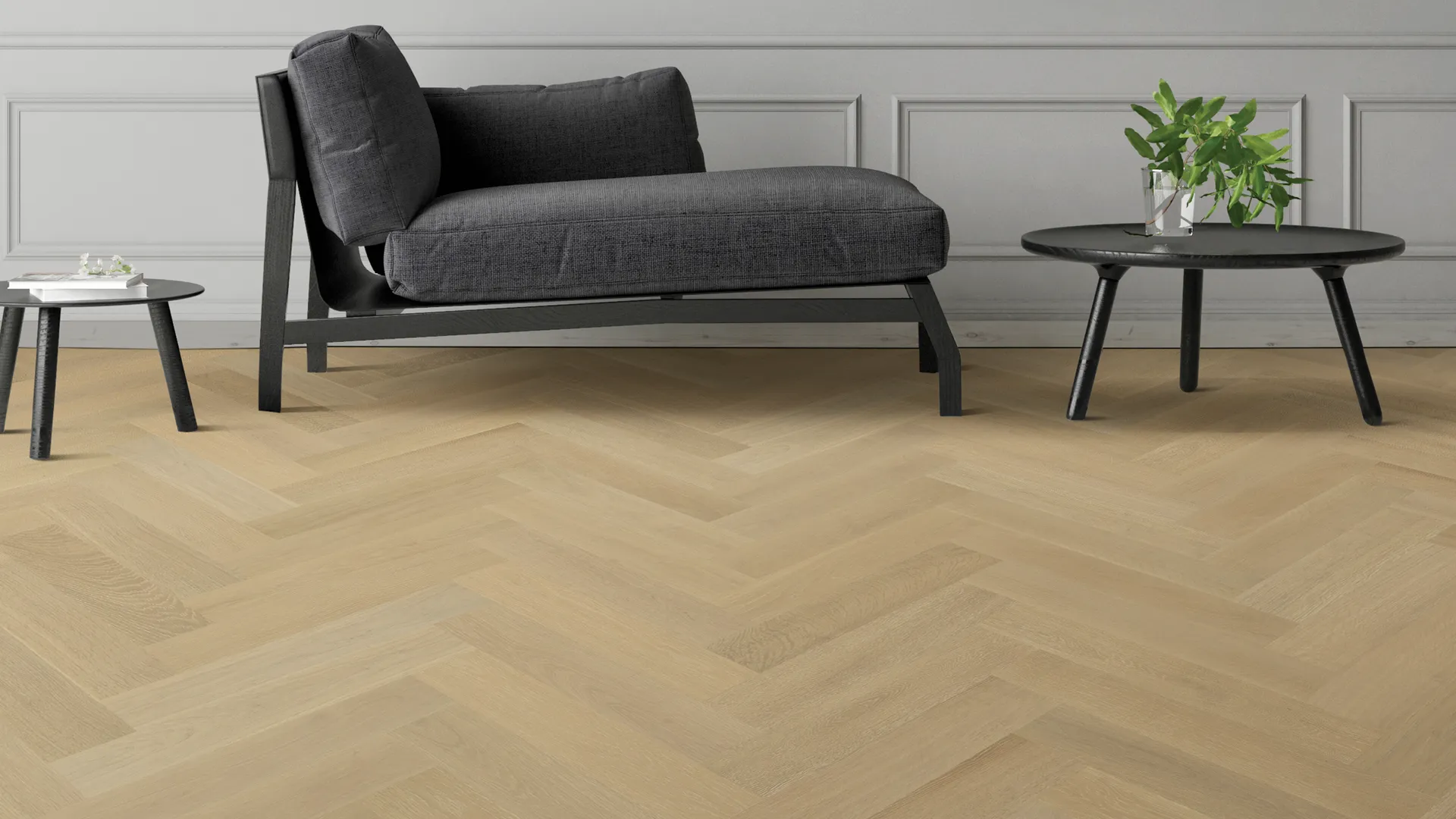 Artisano French White Oak parquet flooring in an interior setting.