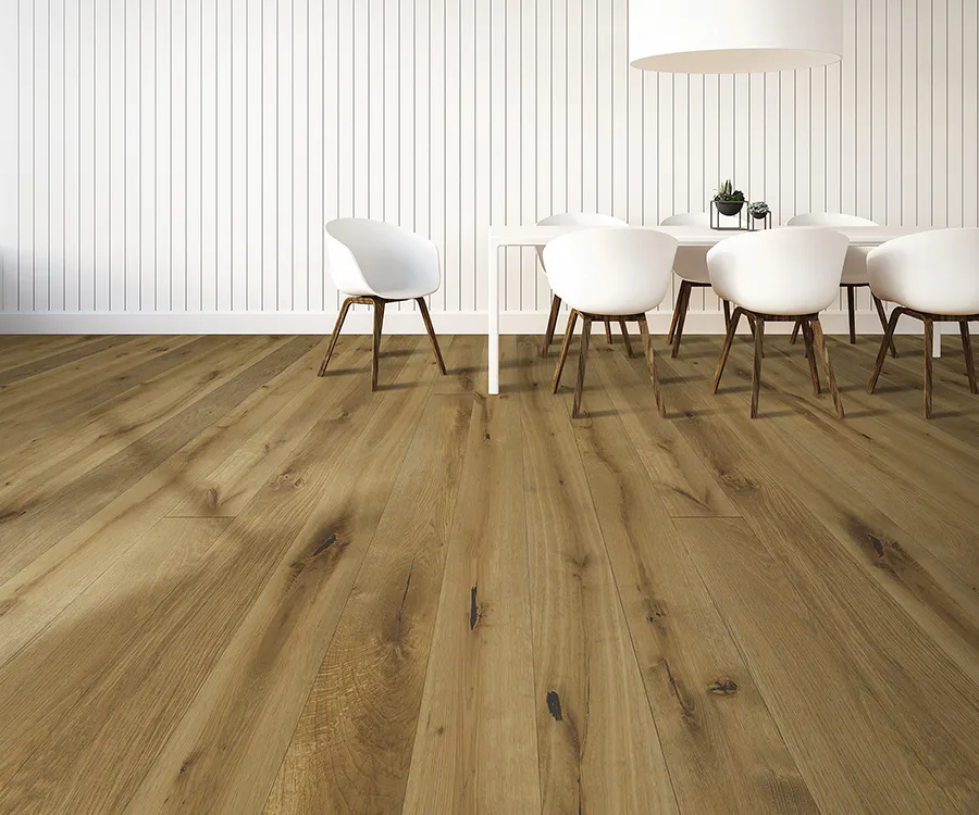Palladio Tobacco Barn French White Oak installed room scene.