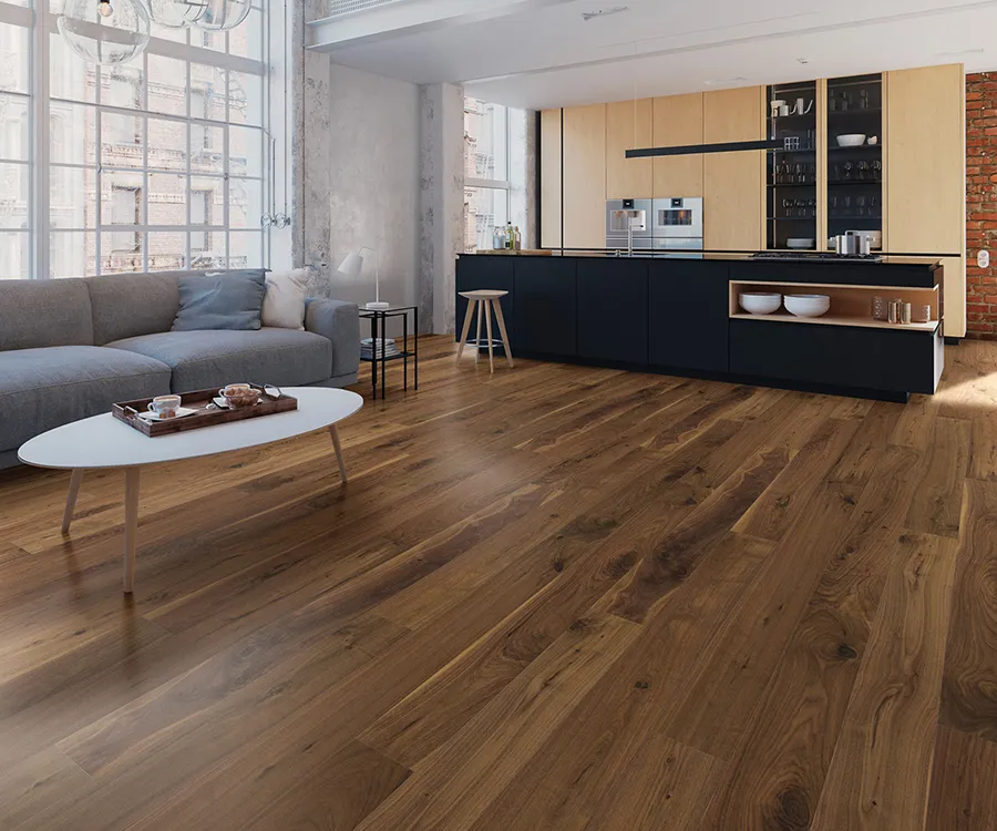 Palladio Walnut flooring installed room scene.