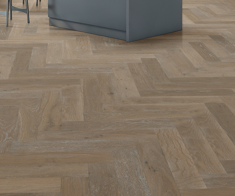 Valaire Alpes Parquet installed herringbone room scene.