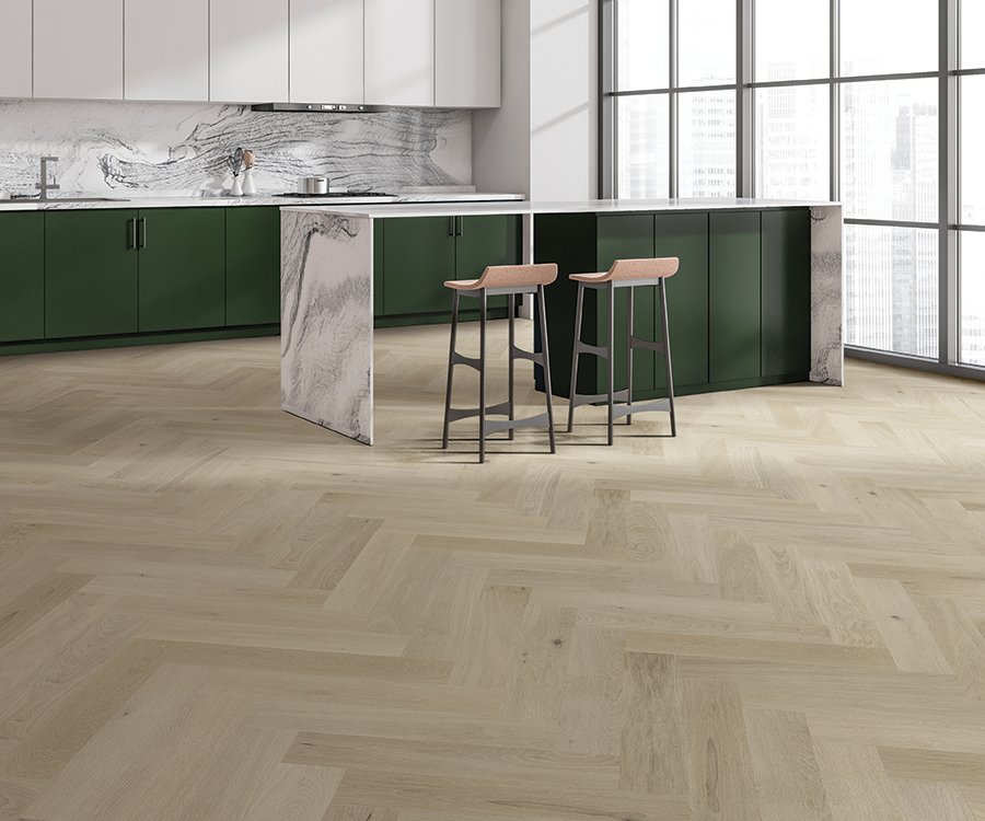 Valaire Artois Parquet installed herringbone room scene.