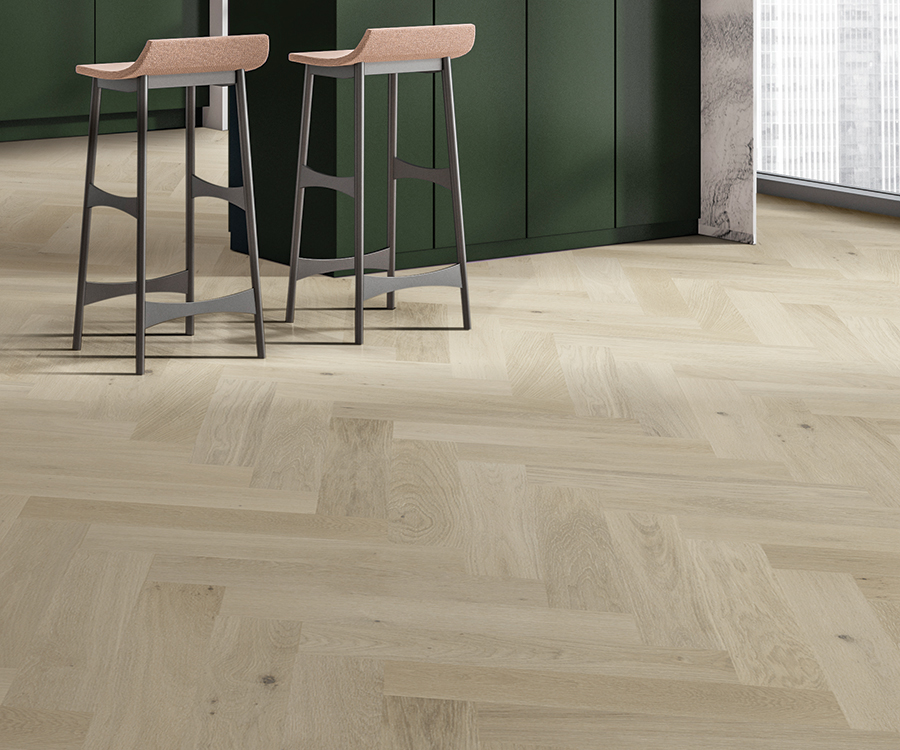 Valaire Artois Parquet installed herringbone room scene.