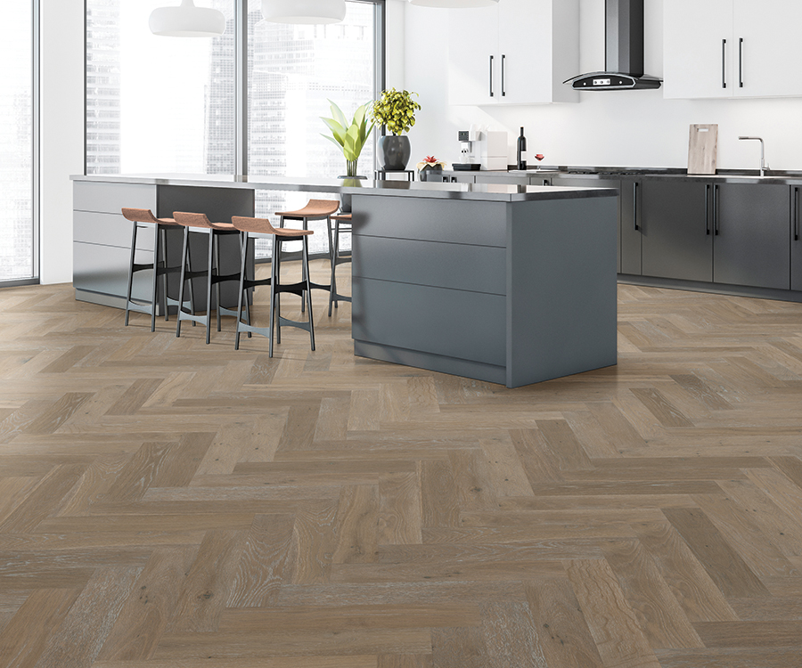 Valaire Alpes Parquet installed herringbone room scene.