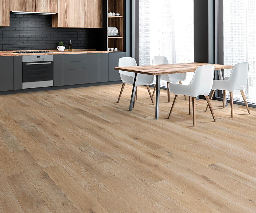 Valaire Champagne French White Oak plank installed room scene.