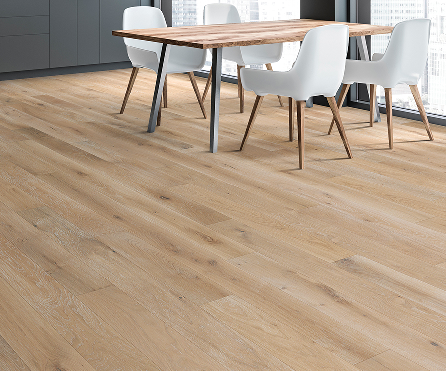 Valaire Champagne French White Oak plank installed room scene.