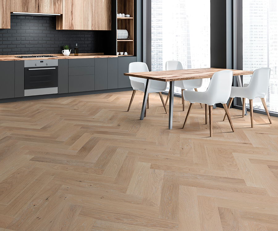 Valaire Champagne Parquet installed herringbone room scene.