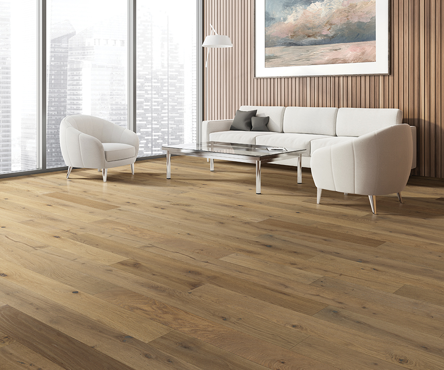 Valaire Clermont French White Oak plank installed room scene.