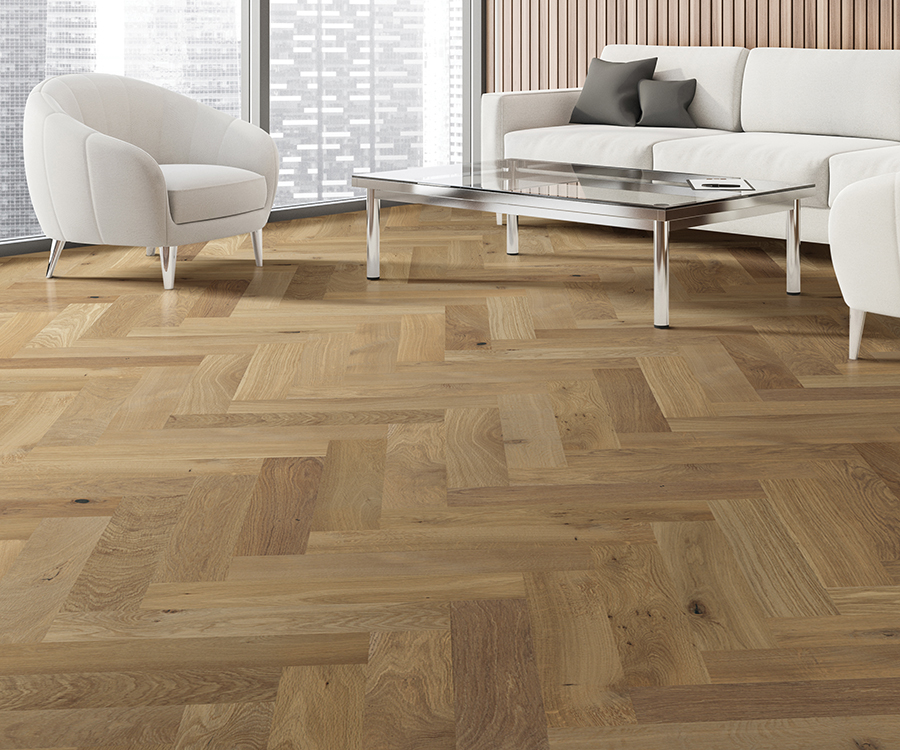 Valaire Clermont Parquet installed herringbone room scene.