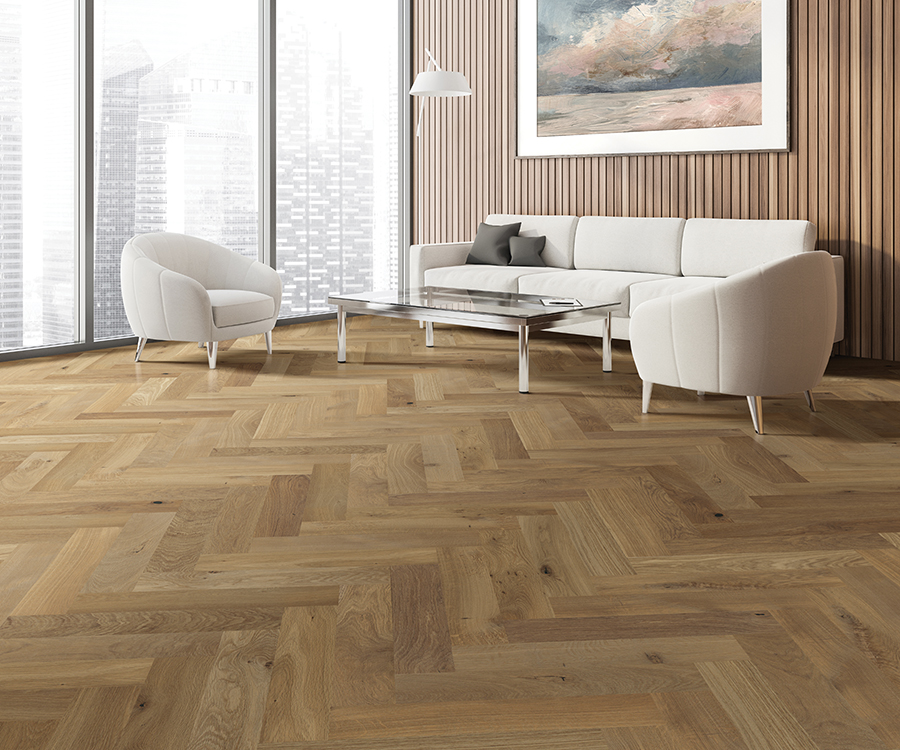 Valaire Clermont Parquet installed herringbone room scene.