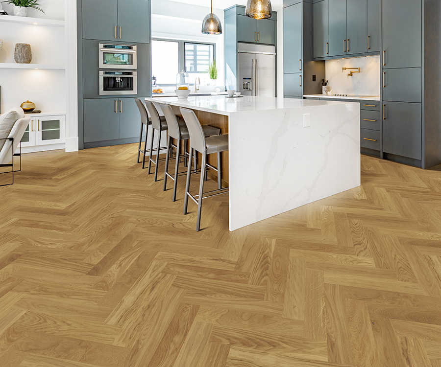 Valaire Navarre Parquet installed herringbone room scene.