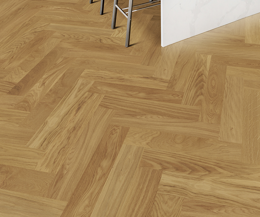 Valaire Navarre Parquet installed herringbone room scene.