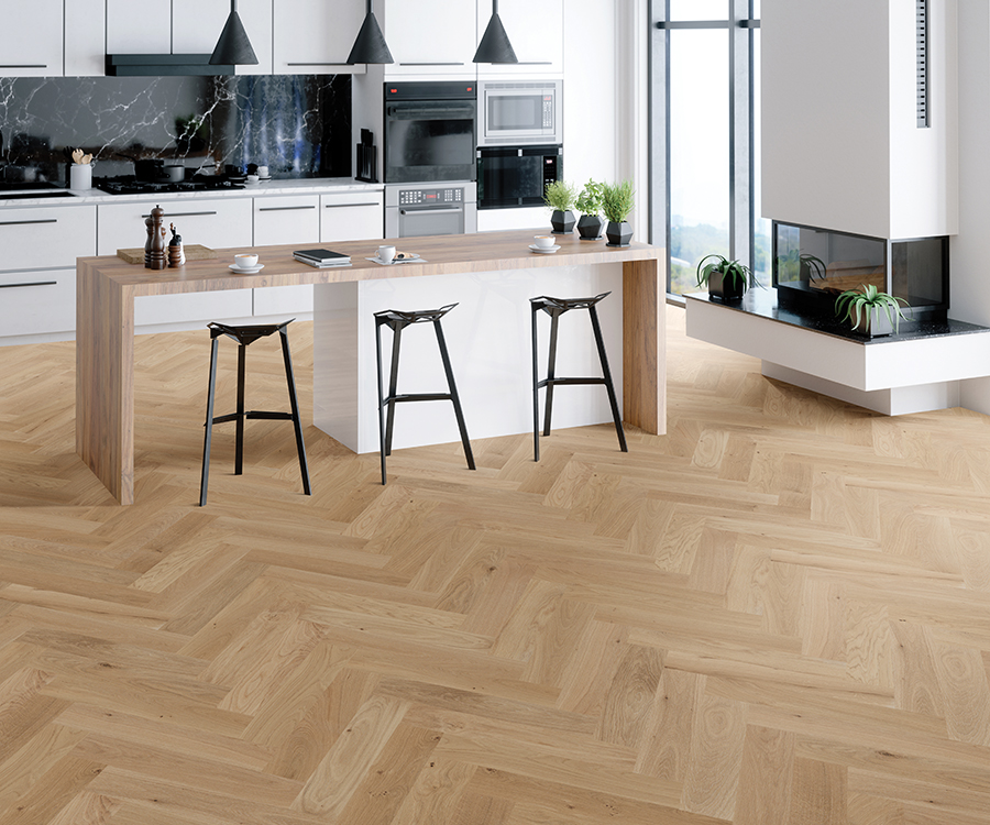 Valaire Nouvelle Parquet installed herringbone room scene.