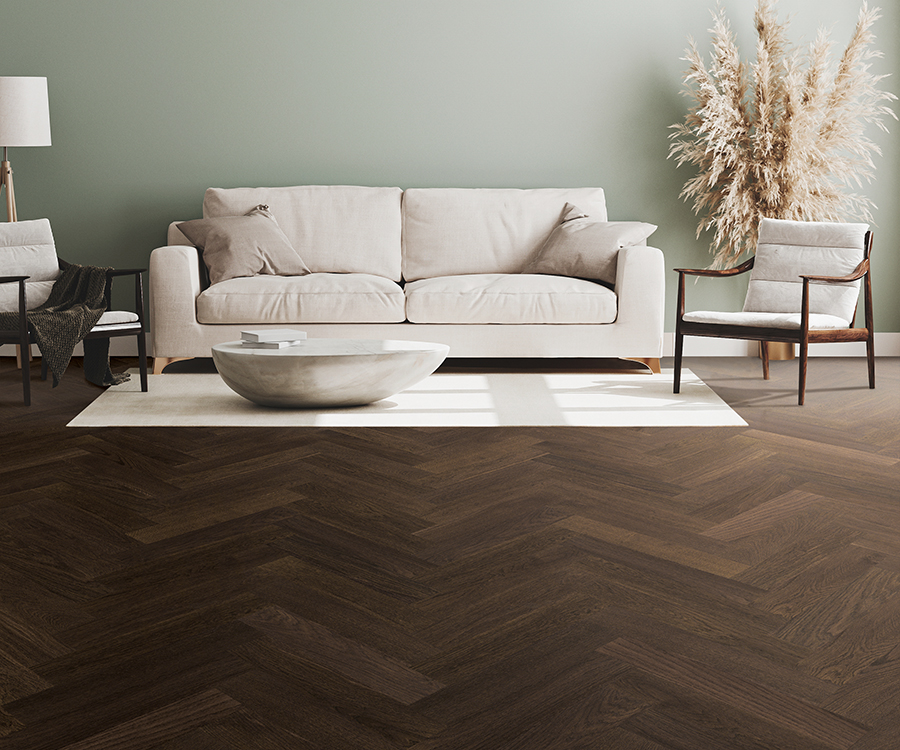 Valaire Picard Parquet installed herringbone room scene.