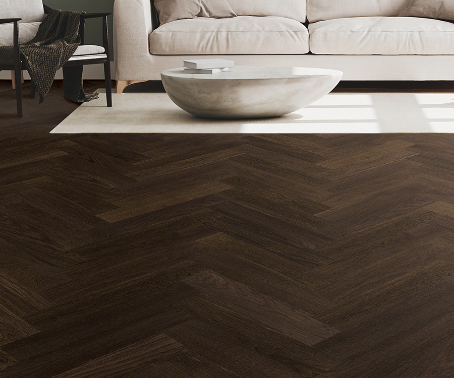 Valaire Picard Parquet installed herringbone room scene.