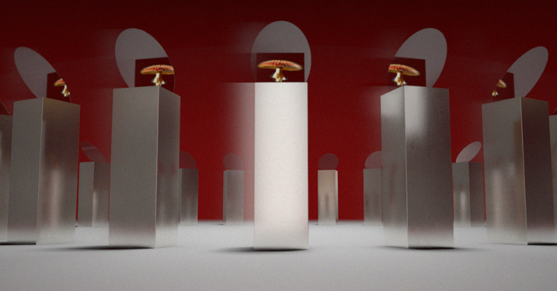 Porta by Sophia Hanover Editions — a sculptural video fixture, shown as an illuminated column in a gallery of mirrored plinths