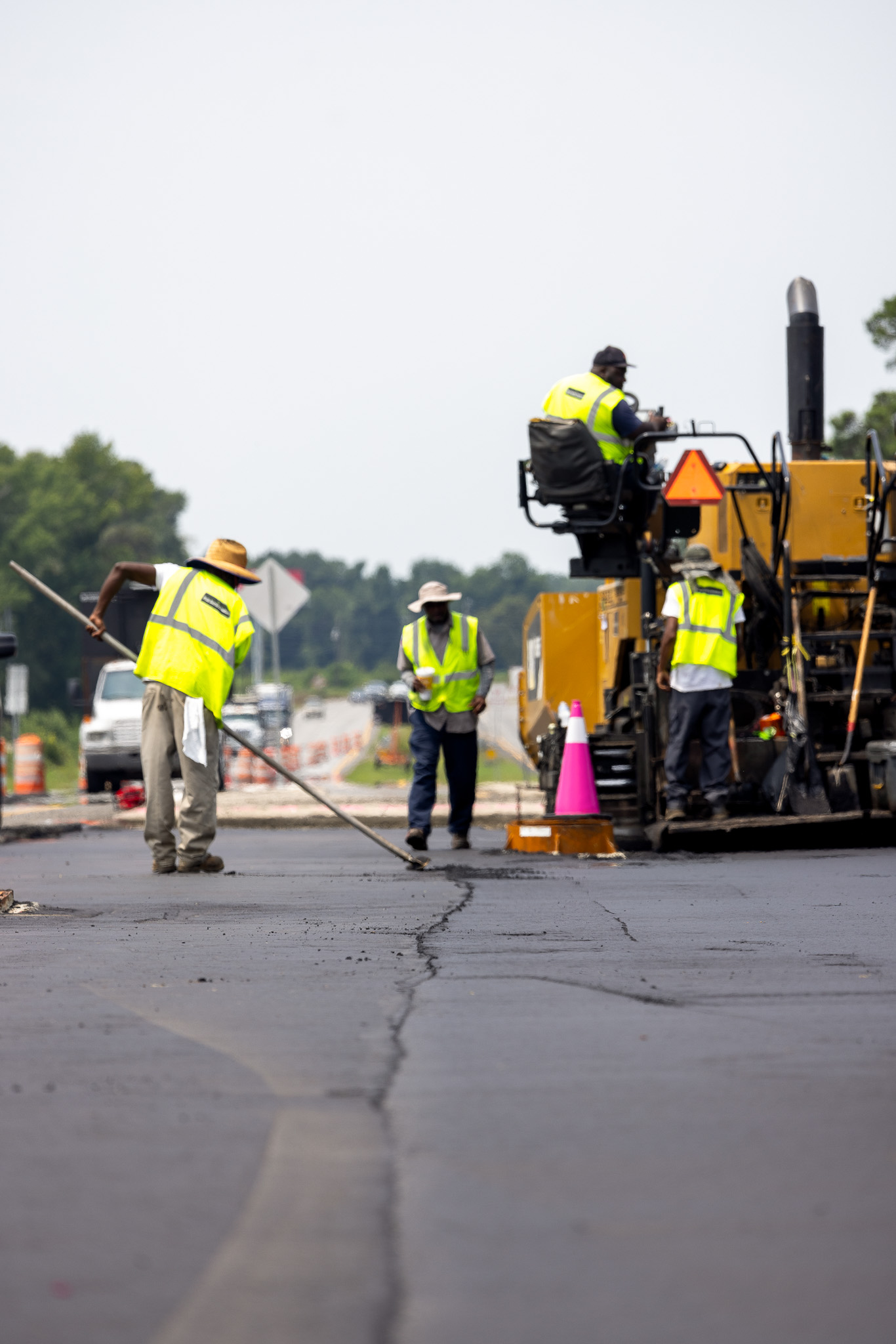 Aerial drone view of a paving operation
