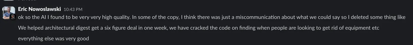 Eric Nowoslawski Slack message about Cleverviral