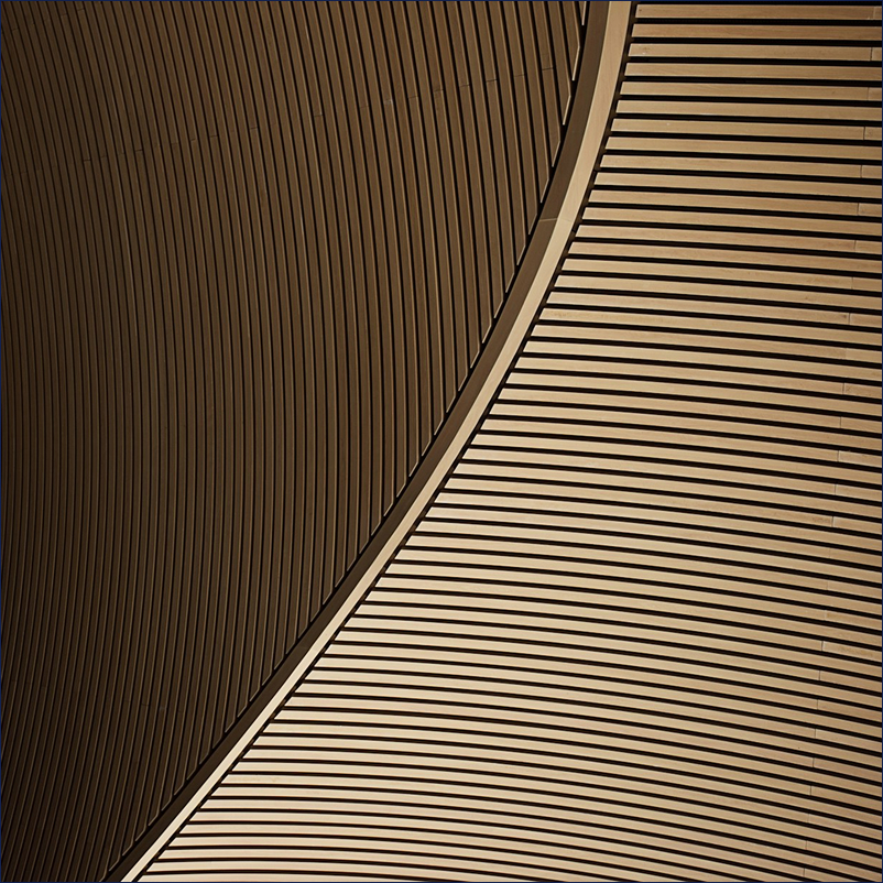 Modern building with textured wooden plank exterior cladding
