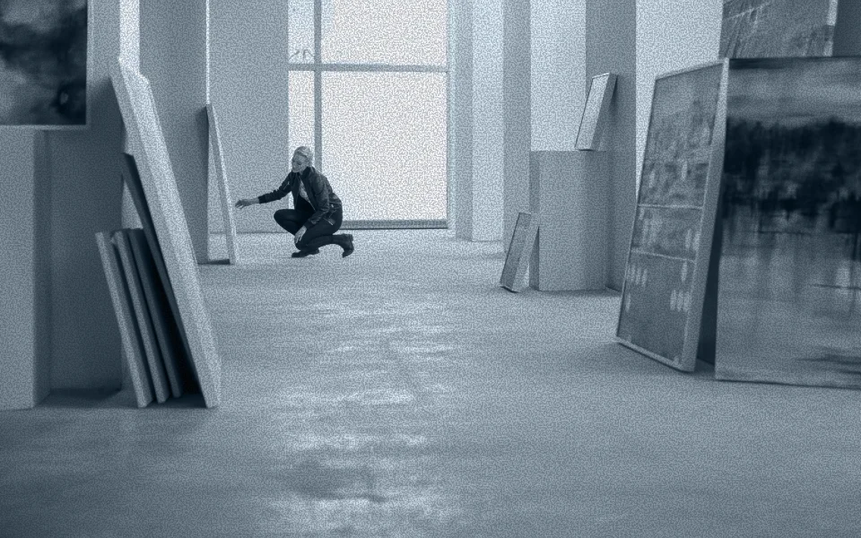Person crouching in a room with large windows and multiple canvases leaning against walls.