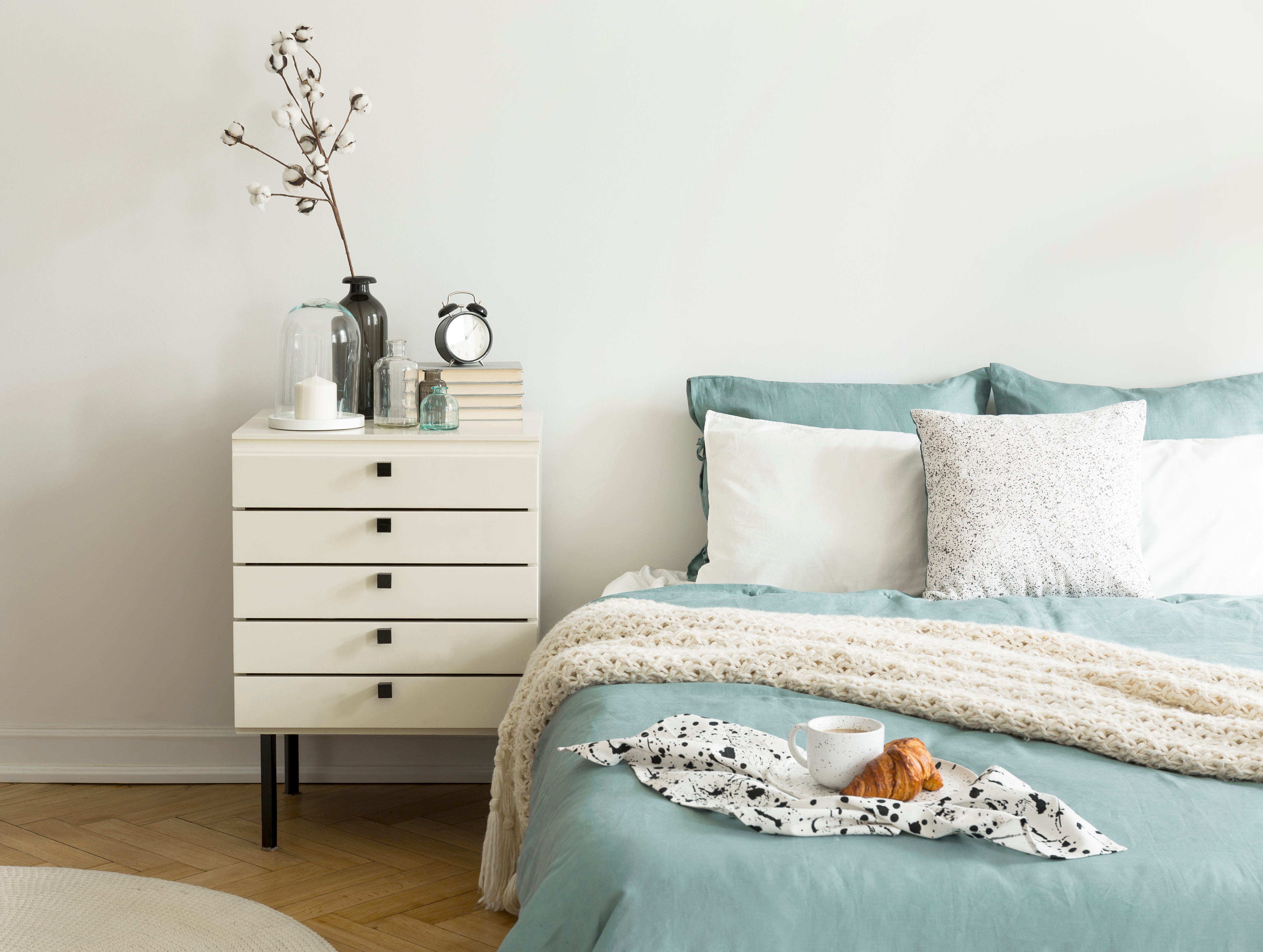 Bed with side table stock image