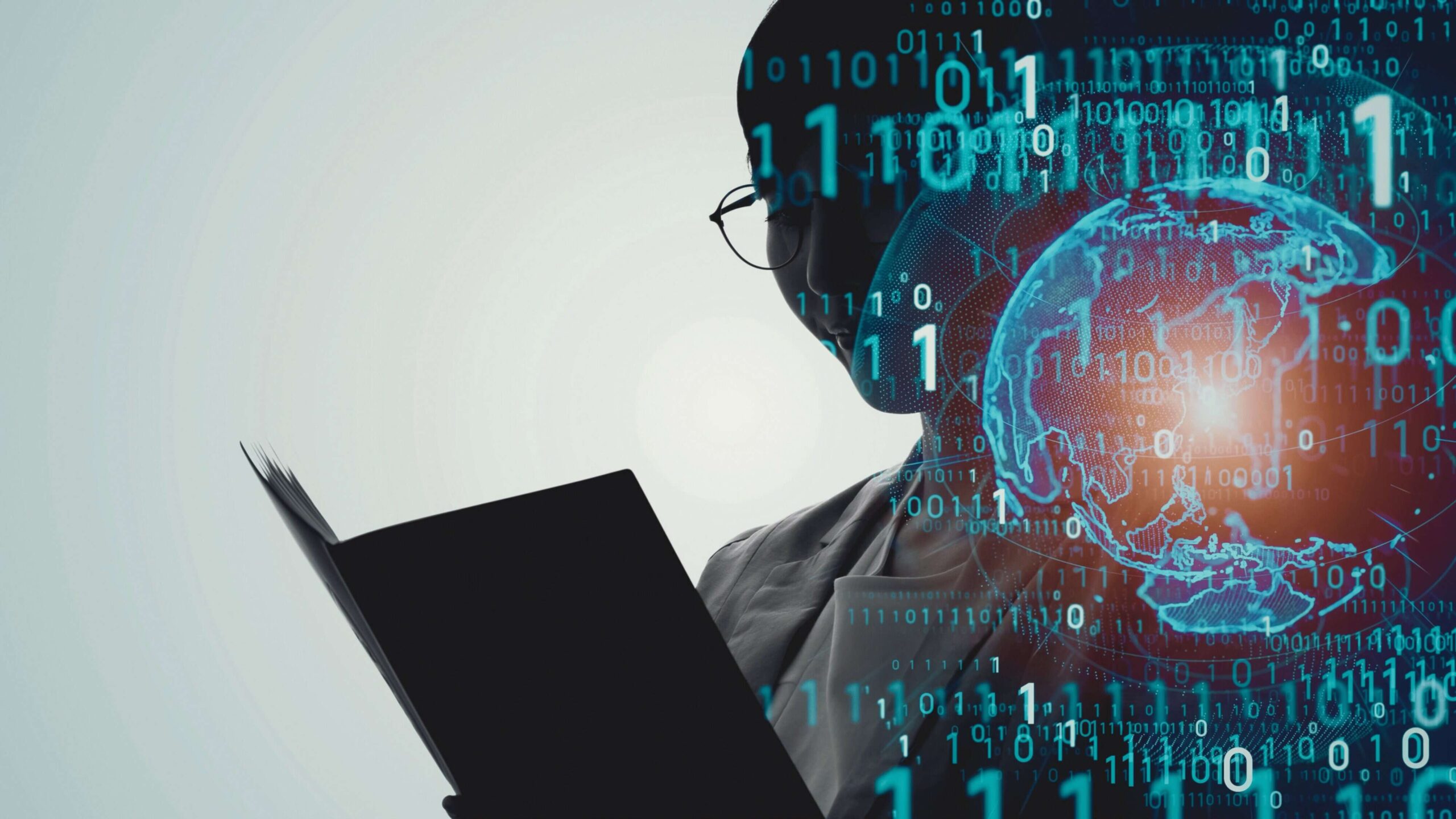 Silhouette of a person wearing glasses looking at a document, overlaid with glowing binary code and a digital representation of the globe.