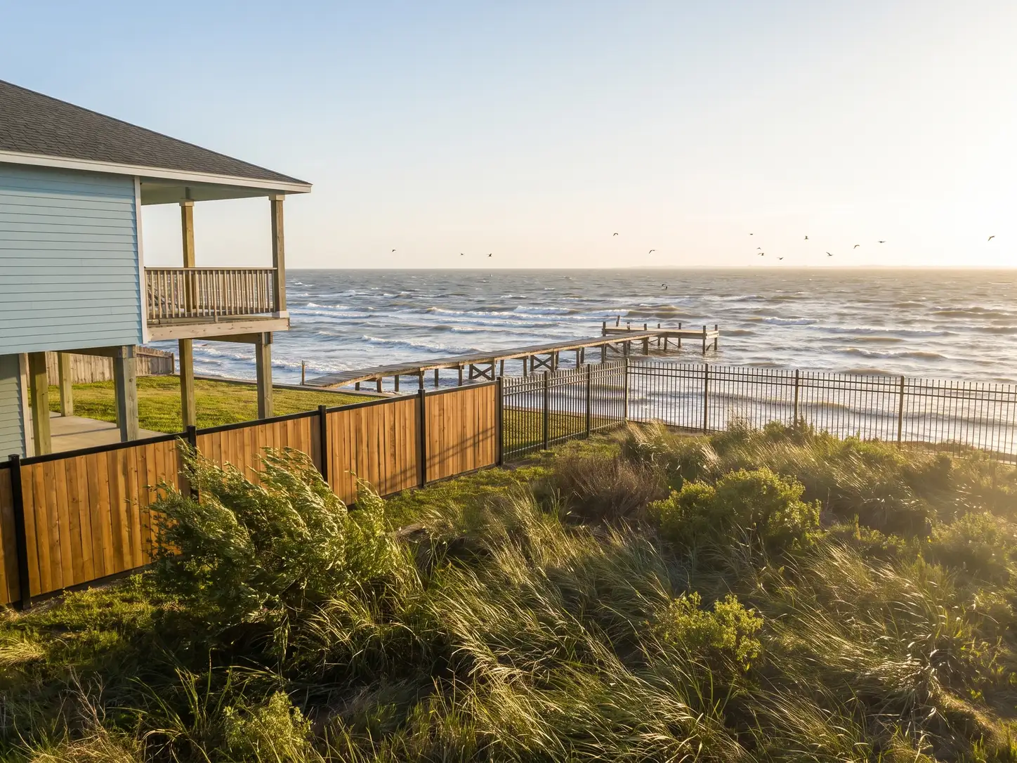 Powder-coated aluminum and cedar fence on a Seabrook, TX bayfront yard overlooking Galveston Bay